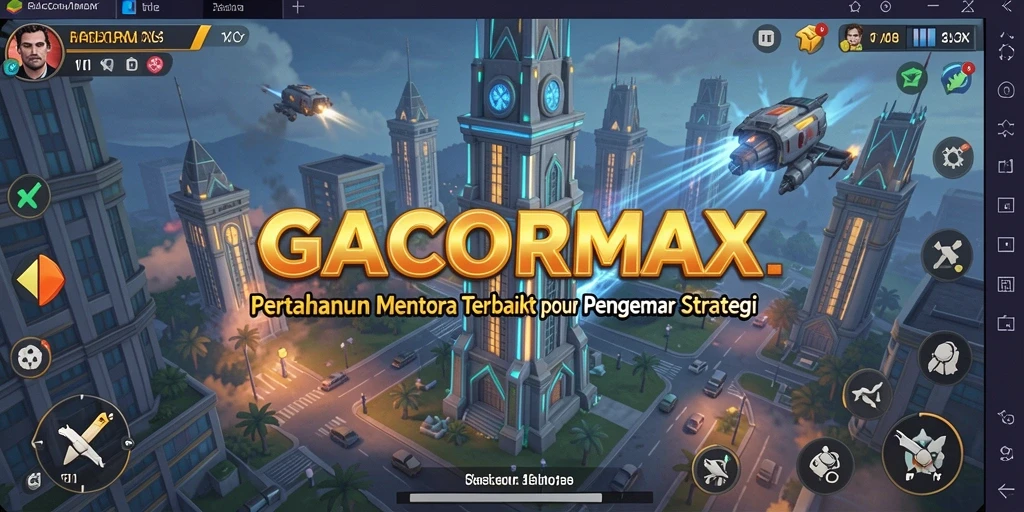 Tampilan gameplay GACORMAX dengan menara yang siap bertahan dari serangan musuh.