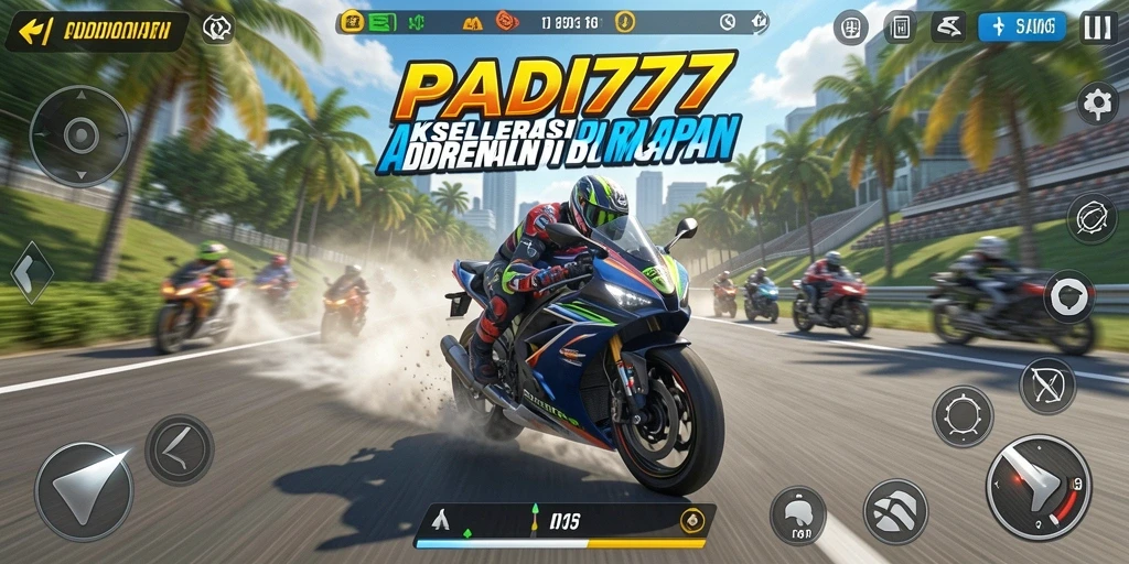 Screenshot gameplay PADI777 yang menampilkan balapan motor yang intens.