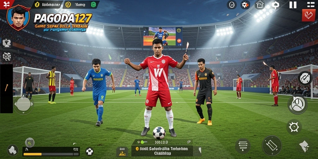 Screenshot utama tampilan gameplay sepak bola yang mendebarkan.