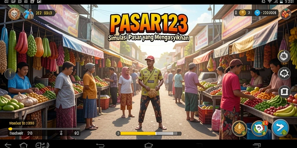 Screenshot utama menampilkan suasana pasar yang ramai dan interaktif.