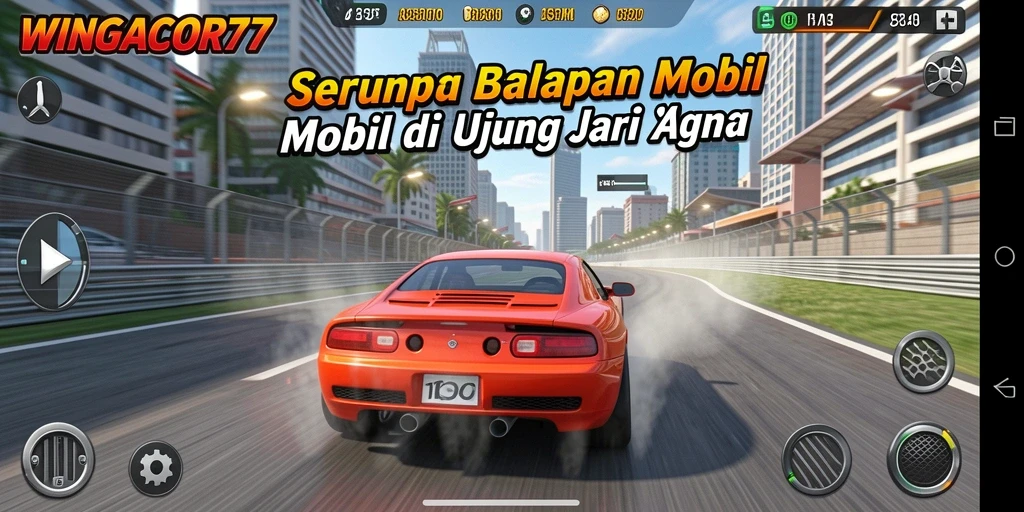 Gameplay WINGACOR77 yang mendebarkan dengan mobil balap dan lintasan menantang.